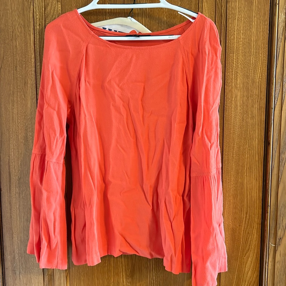 Bright coral Banana Republic top with bell sleeves